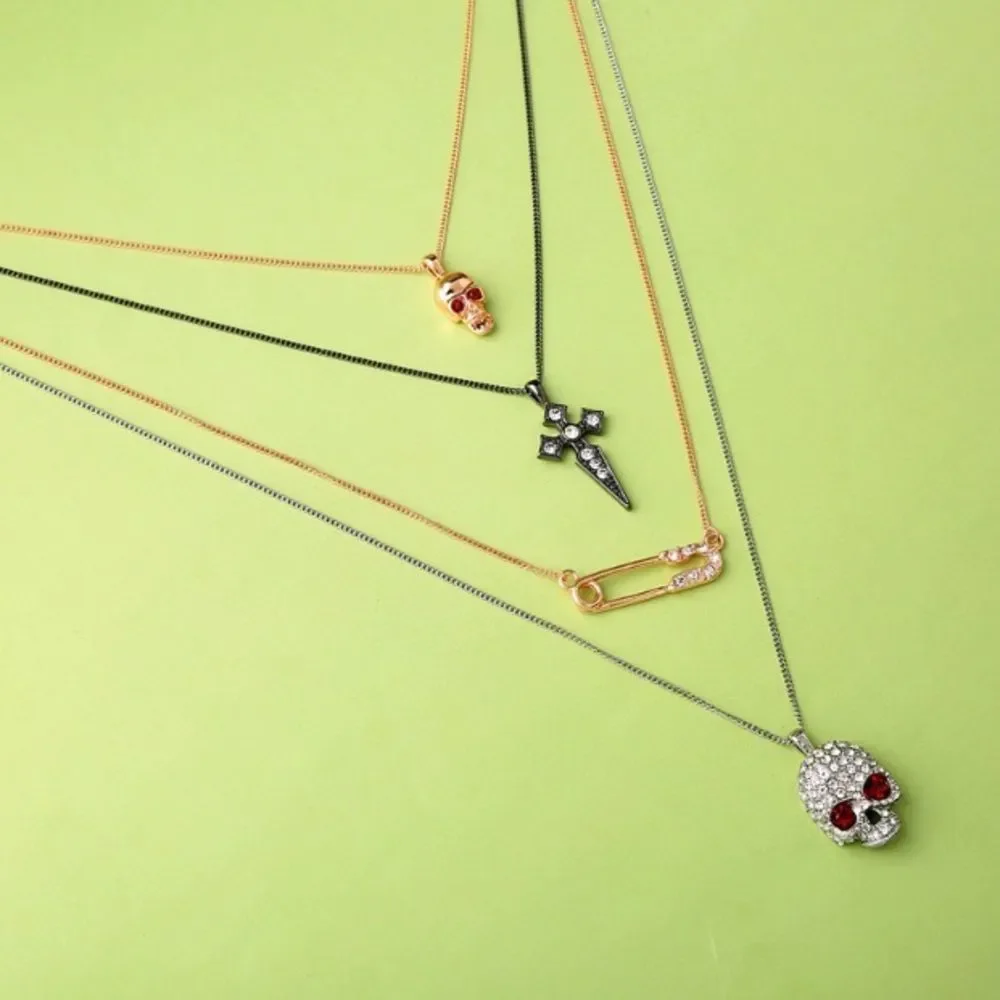 Layered Skull Safety Pin Cross Rose Gold Gun Metal Silver Necklace NWT - Picture 5 of 8